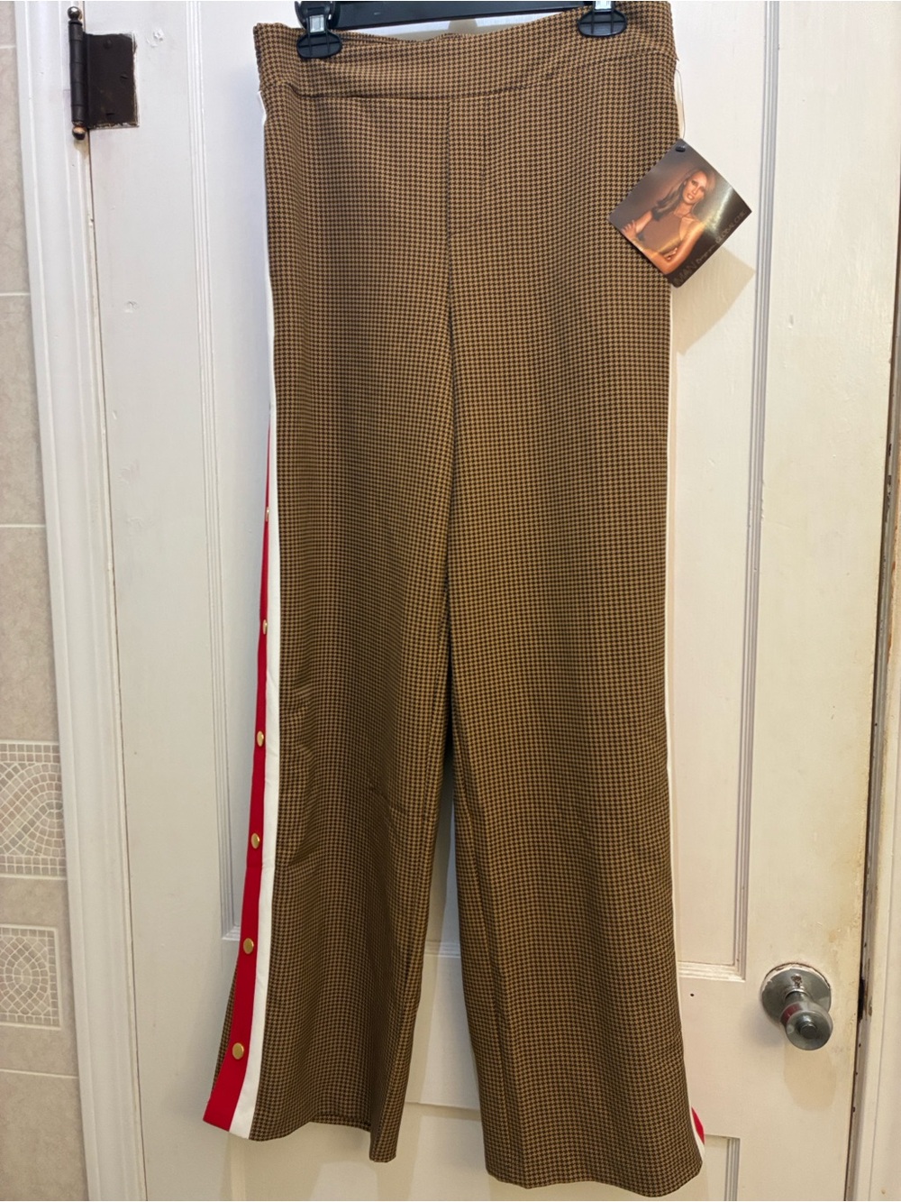 IMAN Brown Houndstooth Wide-Leg Pants with Red & White Side Stripe